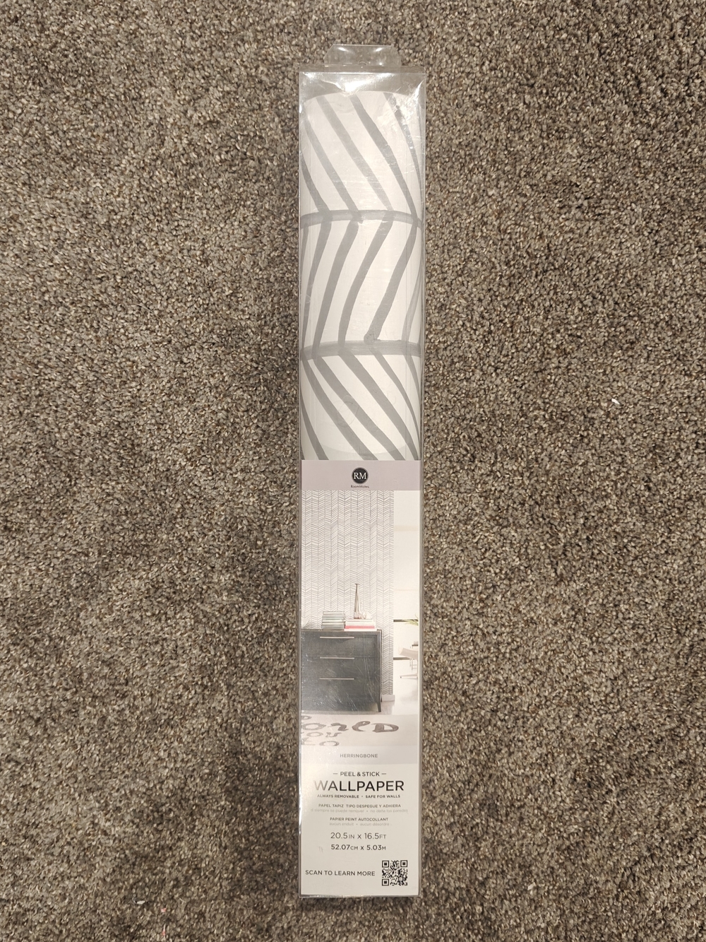 Peel & Stick Wallpaper Roll in Light/Chevron Gray Leaf Pattern